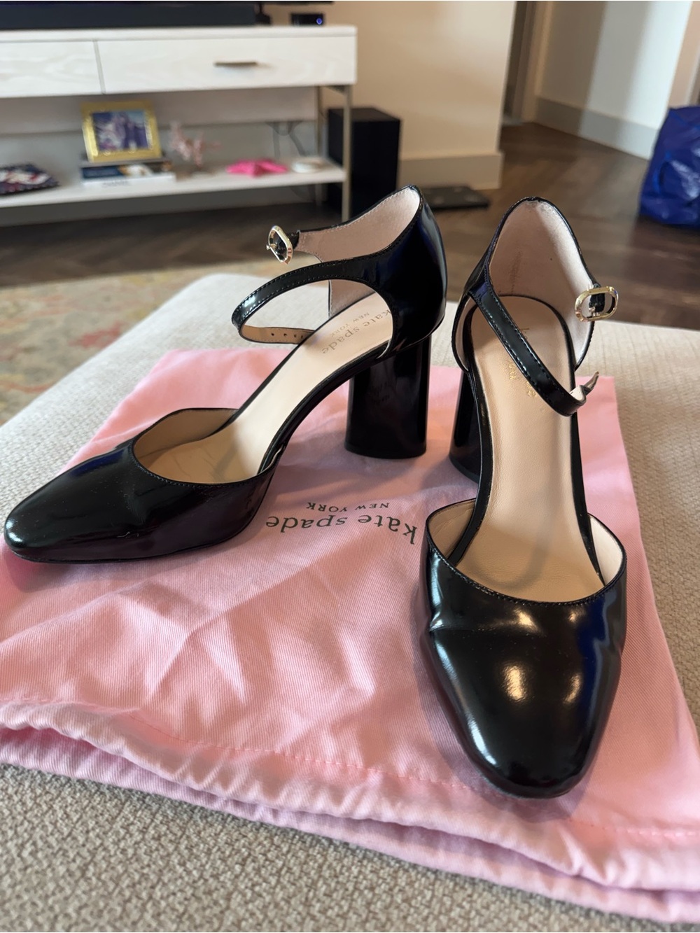 kate spade Black Patent Mary Jane Block Heels with Ankle Strap
